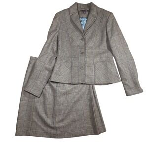 Brooks Brothers 100% Wool Plaid Skirt Suit Set 10 Green Blazer Skirt UK Fabric